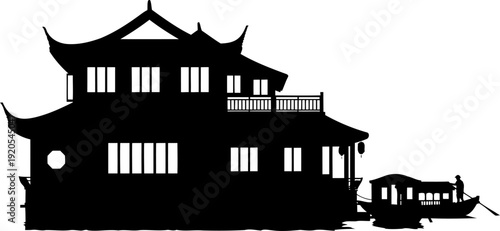 Chinese floating restaurant silhouette with a small boatman rowing a sampan