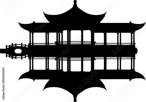 Chinese pavilion silhouette with water reflection architecture