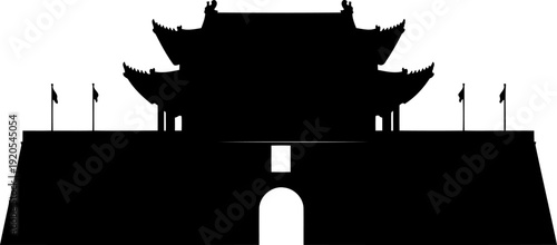 Chinese fortress gate figure with traditional curved roofs and defensive walls