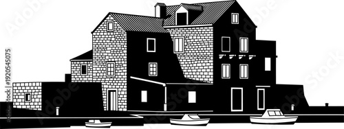 Coastal stone building silhouette with harbor boats and waterfront