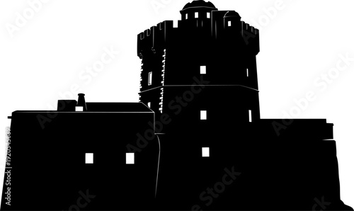 Coastal defensive fort silhouette with a central round tower