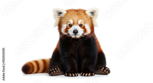 An adorable red panda with fluffy fur and a long striped tail, sitting in a full-body portrait and looking directly at the camera, isolated on a clean white background