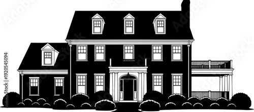 Colonial mansion silhouette featuring large windows and manicured bushes