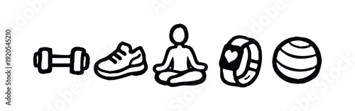 Hand-drawn fitness and wellness icons including a dumbbell, sneaker, yoga pose, smartwatch, and exercise ball. Minimalist black and white sketches.
