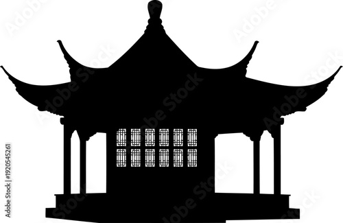 Elegant oriental garden pavilion with decorative lattice windows silhouette
