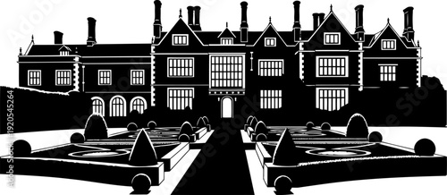 English manor house silhouette overlooking a formal garden landscape