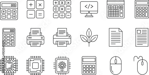 Calculator icons set, mathematical symbols, computer monitor with code, printer device, plant leaves, document file, microchip design, computer mouse, office technology illustration