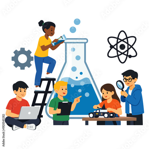 Diverse kids engaged in science experiments with chemistry and robotics.