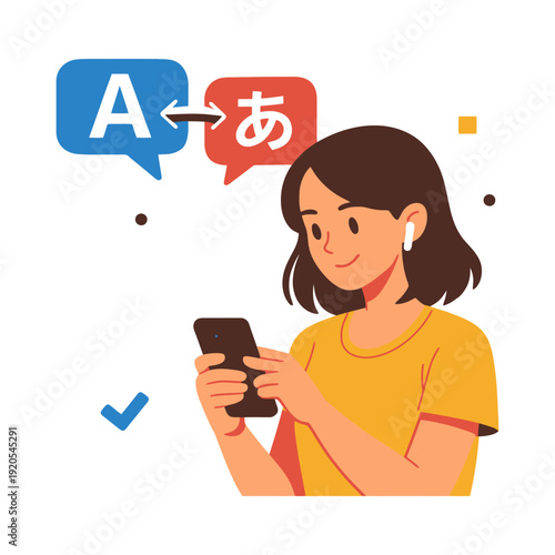 Young asian female using translation app on smartphone.