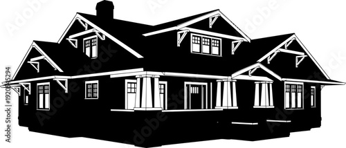 Expansive craftsman architecture residential home with multiple gables silhouette