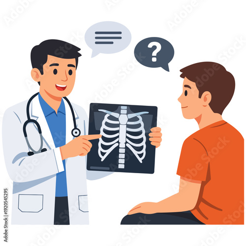Doctor explaining chest x-ray to male patient in medical consultation.
