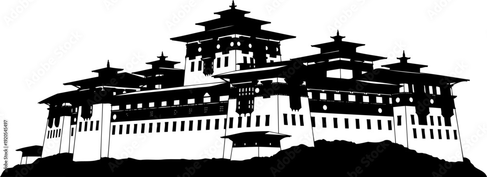 Fototapeta premium Himalayan bhutanese dzong fortress monastery silhouette architecture