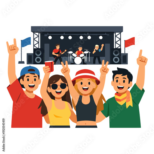 Diverse animated teens enjoy outdoor concert with band on stage.