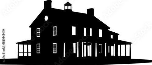 Grand colonial mansion silhouette with a wide front porch and multiple chimneys