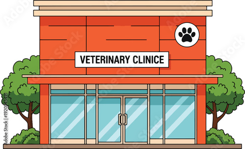 Veterinary clinic building exterior illustration.