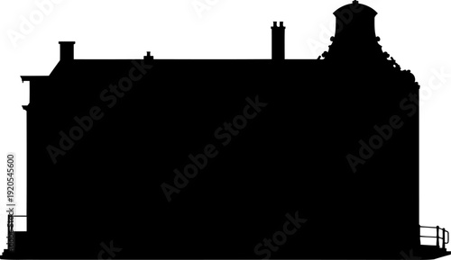 Industrial warehouse building silhouette with factory chimney and tower