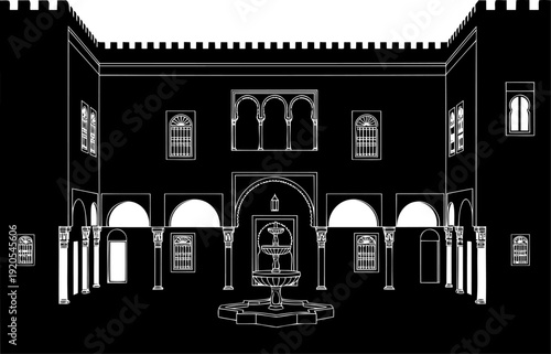 Islamic courtyard architecture illustration with central fountain