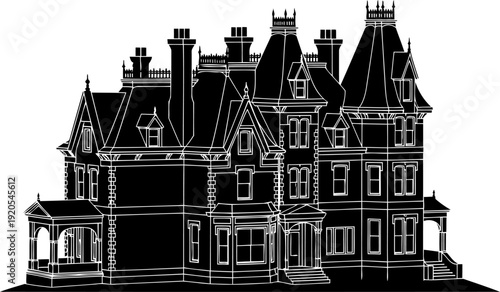 Intricate victorian house silhouette showing detailed window frames and decorative trim work