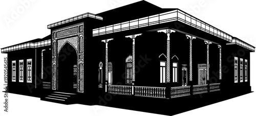 Islamic mansion architecture featuring a large central archway and surrounding verandas