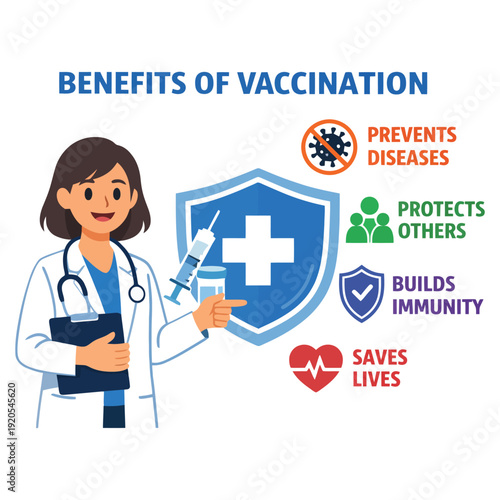 Female doctor highlighting vaccination benefits for health and safety.