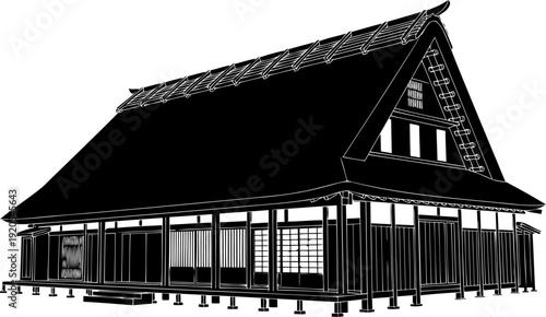 Japanese gassho-zukuri farmhouse silhouette with steep thatched roof