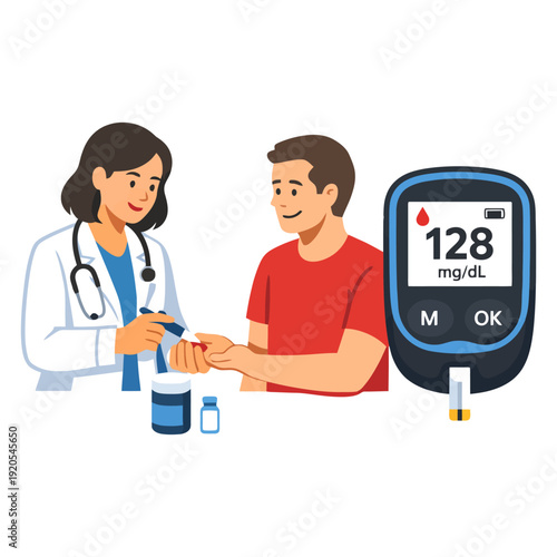 Asian female doctor monitoring blood sugar of caucasian male adult with glucometer.