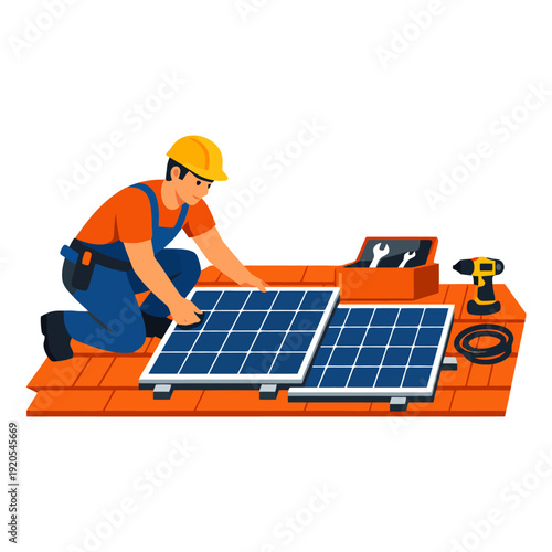 Young hispanic male installing solar panels with tools in hand.