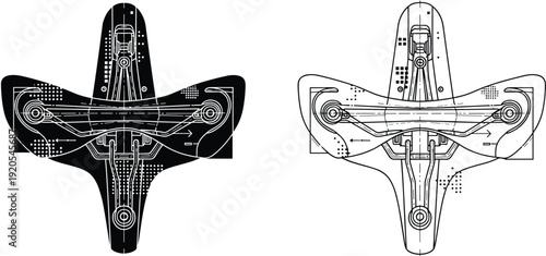 Technical diagram illustration, symmetrical design, butterfly shape, aircraft concept, mechanical system, geometric lines, arrows flow, abstract engineering, anatomy ,drawing, futuristic technology