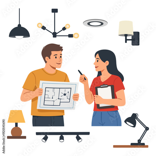 Young caucasian man and woman discussing interior design plans with lighting fixtures.