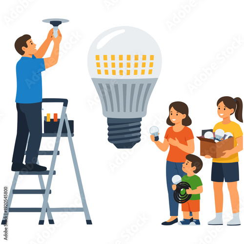 Family changing light bulbs with adult male on ladder and family of four holding bulbs.