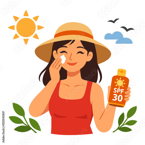 Young asian female applying sunscreen outdoors with spf 30.