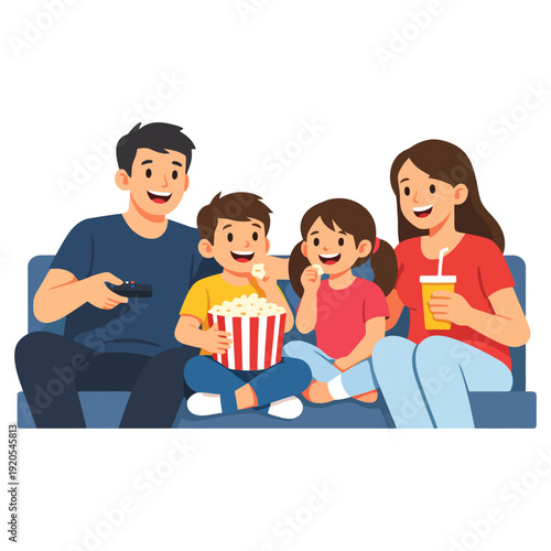 Happy family movie night: caucasian parents and kids eating popcorn on sofa.