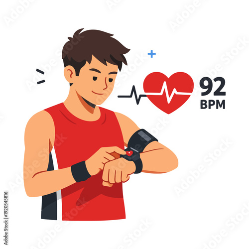 Young asian male with heart rate monitor wristband and heartbeat graphic.