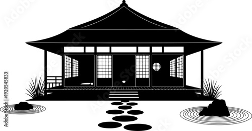 Japanese zen garden silhouette featuring a tea house and raked sand patterns