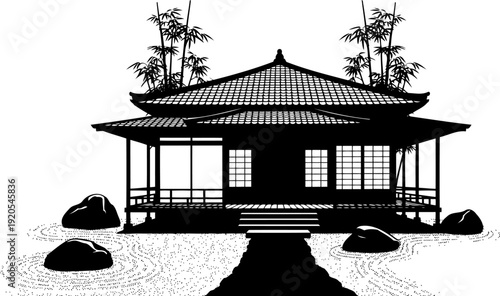 Japanese tea house zen garden silhouette