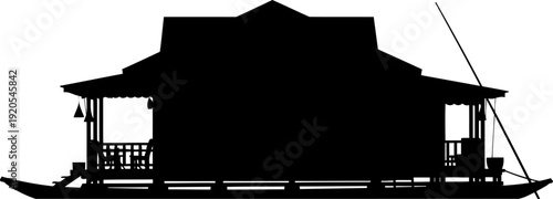 Kashmiri houseboat silhouette on a calm lake with decorative wooden balconies