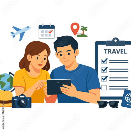 Young caucasian couple planning vacation with tablet and travel accessories.
