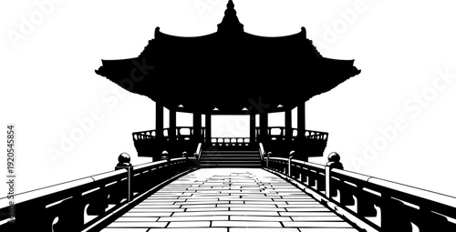 Korean pavilion silhouette with bridge over water reflection