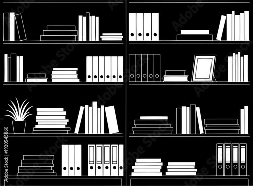 Large library bookshelf silhouette displaying rows of books and organizational binders