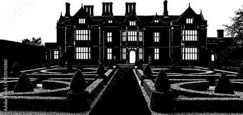 Large stately home silhouette with manicured formal garden paths