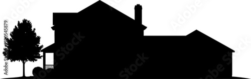 Large suburban house silhouette with a prominent leafy tree