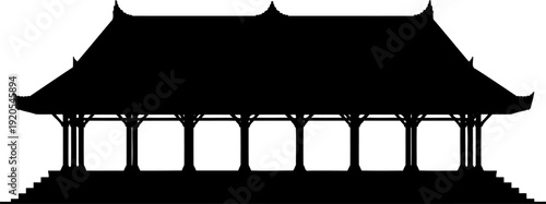Long open-air pavilion silhouette with multiple supporting pillars and a wide roof