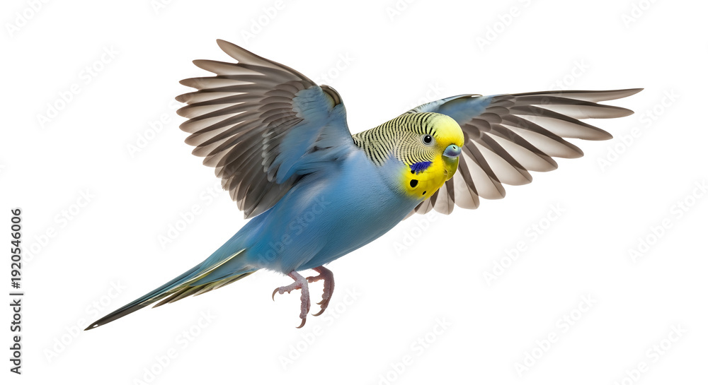 Fototapeta premium Graceful flight of a colorful blue budgerigar, a common pet parakeet, soaring with its wings wide open against a pristine white background