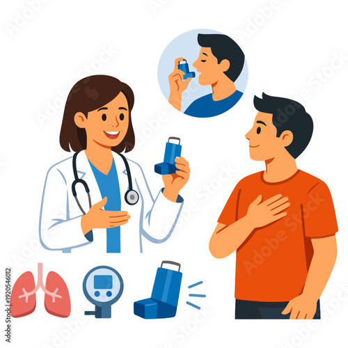 Asian female doctor discussing asthma treatment with young caucasian male patient.