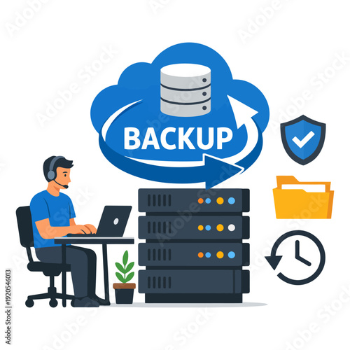 Male technician managing data backup on laptop with servers and cloud icons.