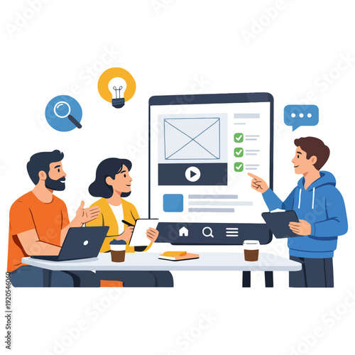 Team meeting with mixed-gender multi-ethnic adults discussing website design project.