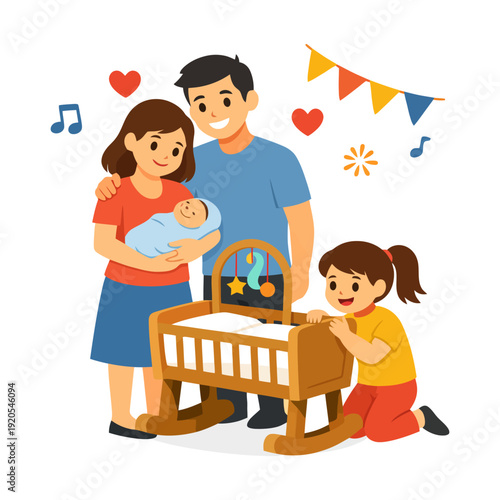 Happy family welcoming newborn baby with loving siblings and parents.
