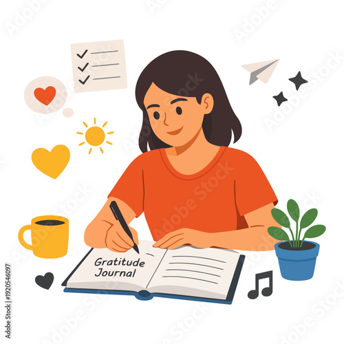 Female adult drawing asian writing in gratitude journal surrounded by positive symbols.