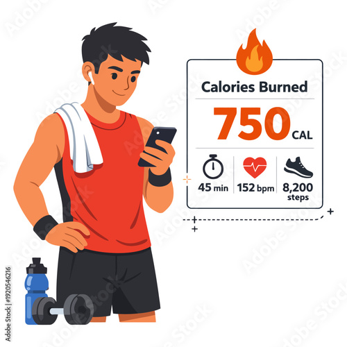 Young asian male tracking fitness progress with smartphone in gym.