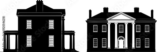 Neoclassical building silhouette with greek revival columns and pillars